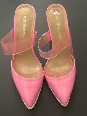 BCBGeneration Pink Pointed Clear-Strap Mule with Rhinestone Trim